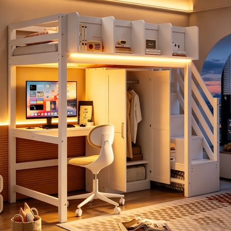 Multifunktionales Hochbett 90x200 cm mit Schreibtisch und Kleiderschrank, Kinderbett aus Holz mit Stauraumtreppe, LED-Beleuchtung und Steckdose, Weiß (1/5)