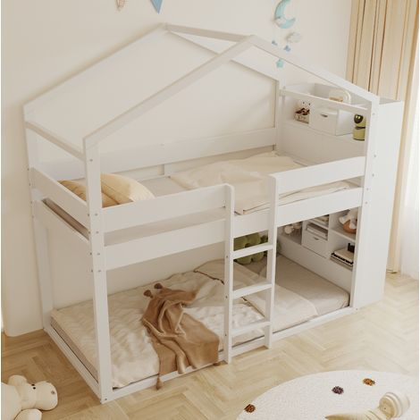 Etagenbett 90/200 cm weiß aus Kiefernholz und MDF mit Stauraum an beiden Kopfteilen (1/5)