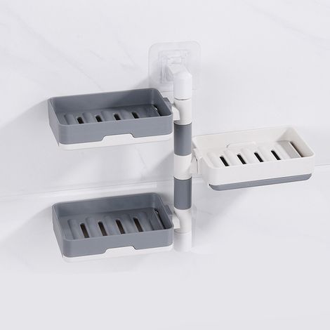 Porte-savon mural rotatif à 3 niveaux en HIPS, sans perçage, blanc et gris assortis. (1/5)