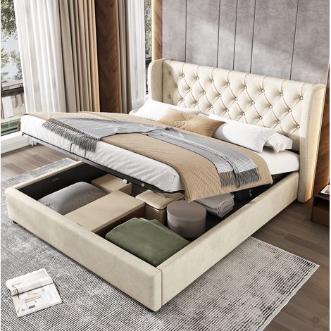 Lit coffre 140x200 cm capitonné en velours beige style Chesterfield avec tête de lit oreilles, sommier à lattes et rangement hydraulique pour chambre- FLORAGRACE (1/5)