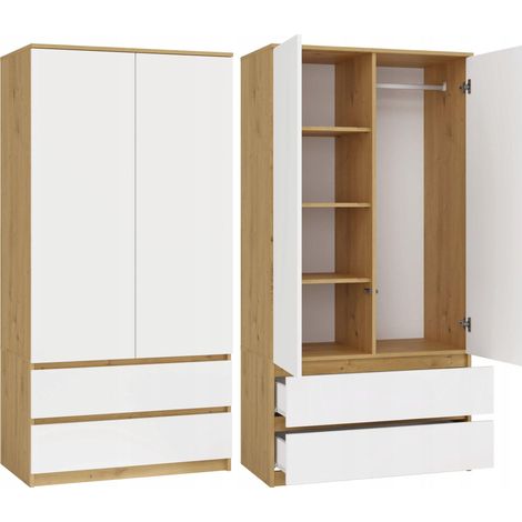 TURIN – Armadio per camera da letto – Penderie multifunzione – 2 porte + 2 cassetti – Cabina armadio – Artigianale e bianco