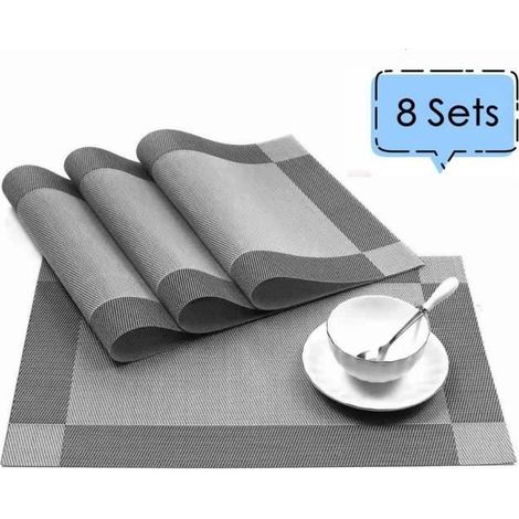 Sets de Table en PVC (8 Sets) , Sets de Table Antidérapants, lavables, résistants à la Chaleur, Facile à Nettoyer et Stocker,Gris (1/4)