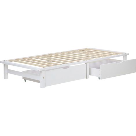 Letto su pallet in legno massello bianco 90x200 cm con cassetti portaoggetti e rete a doghe LIT06219
