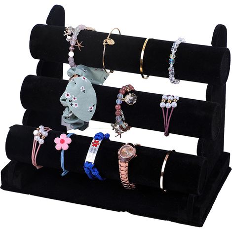 Tour à bijoux en velours à 3 niveaux, présentoir pour montres, bracelets et colliers, noir
