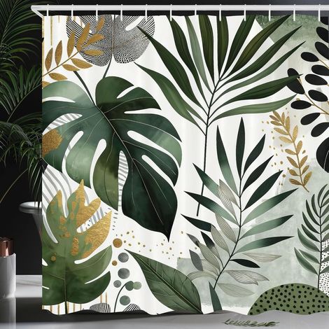 Anti-mildew shower curtain, 90 x 180 cm, tropical green, decorated with a luxurious gold leaf pattern, made of waterproof polyester fabric. (1/4)