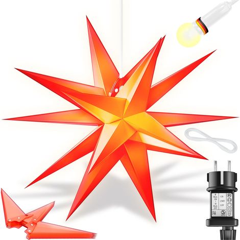 KESSER® Leuchtstern 3D LED Weihnachtsstern mit Timer für innen und außen Adventsstern Beleuchtet hängend Stern + Warmweiß Licht 60cm / Rot / mit Timer (1/5)