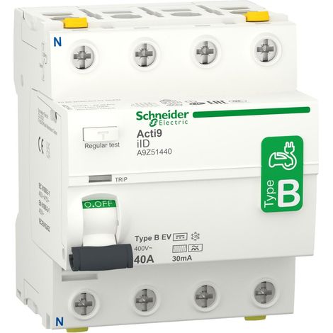 Schneider Electric – A9Z51440 – Interrupteur différentiel tétrapolaire 30mA 40A Type B – Protection circuits spécialisés – Entrée haut sortie bas – Certifié CE