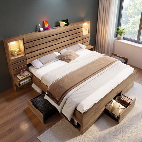 Lit Double en Bois 180x200 avec Spots LED,Port USB+Type-C,Niche éclairée,Tables de Chevet suspendues,tiroirs,Cadre de lit 180x200 avec sommier à Lattes,Couleur chêne (1/5)