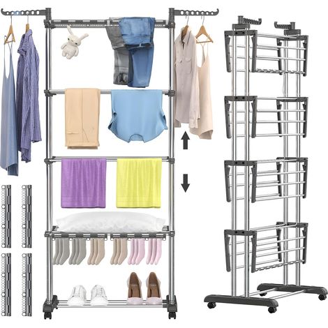Séchoir à Linge étendoir Pliable 5 Niveaux, Hauteur Réglable Etendoir Linge, avec 8 Ailes Pliables et 4 Pinces à Chaussettes, en Acier Inoxydable, pour l'intérieur et l'extérieur (1/5)