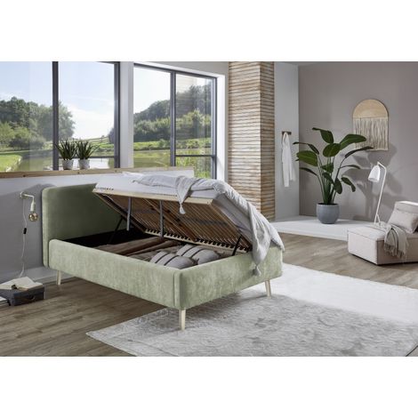 Meise Möbel Stauraumbett Mattis 140x200 cm Doppelbett Bettkasten & Lattenrost (Federholzrahmen) Strukturstoff Hellgrün Holzfuß sandfarbig (1/5)