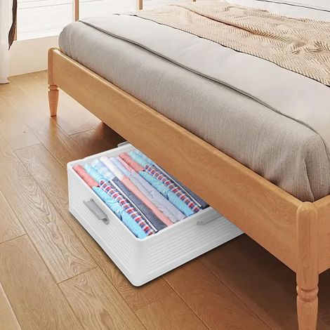 Caisse de rangement de lit, boîte en plastique avec couvercle double face, pliable / sommier, blanc, 101 x 51,5 x 24 cm (1/5)