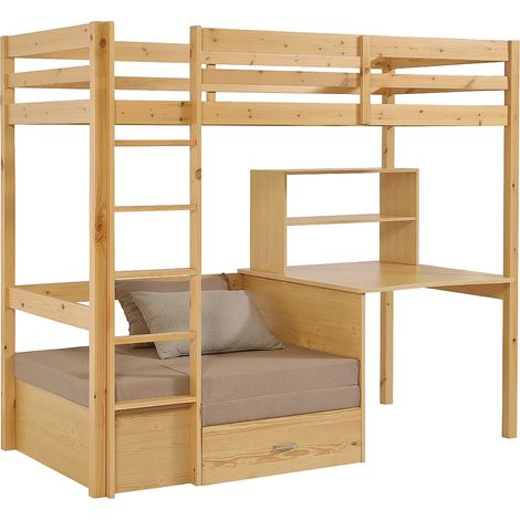 Lit mezzanine 90 x 200 cm avec bureau, sofa convertible et rangements - Pin et MDF – Coloris : Naturel - GOLIATH III (1/5)