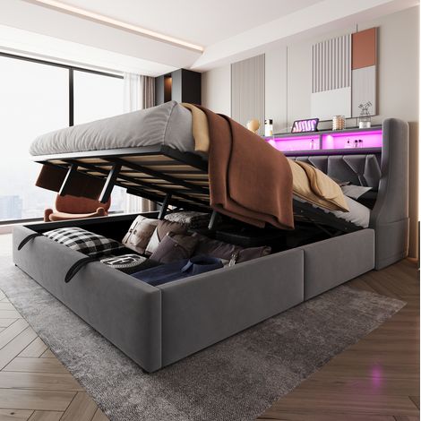 Letto contenitore 221,5x188,5x114 cm in velluto grigio, salvaspazio, senza materasso – MEUBLIV (1/5)