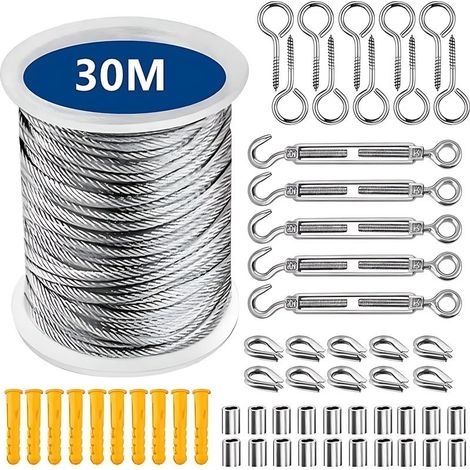 Kit de câble en acier inoxydable de 30 mètres – résistant à la corrosion – accessoires complets, installation rapide – convient pour une suspension extérieure (1/5)
