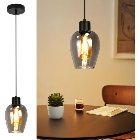 GBLY Hängeleuchte Schwarz Hängelampe Esstisch Pendelleuchte E27 Einflammig Esszimmerlampe Rauchglas Vintage Für Küche Schlafzimmer Hotel Ohne Lichtquelle (1/5)