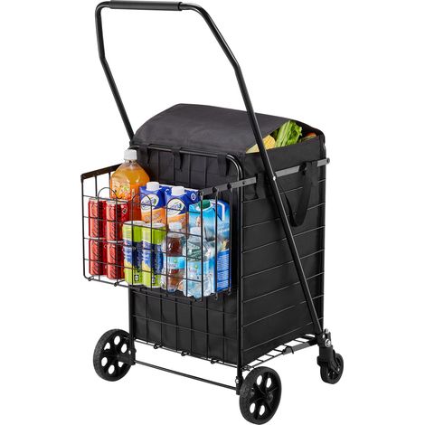Chariot de courses pliable avec 2 paniers, chariot de supermarché avec roulettes et doublure étanche, charge 45,3 kg, capacité totale 74 L, panier à linge robuste pour camping, épicerie, bagages (1/5)