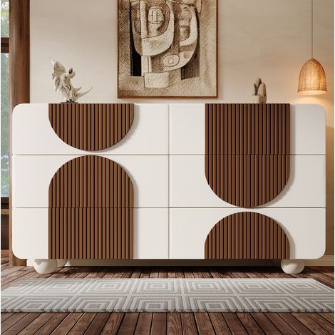 Comò 121x41x71 cm bianco in MDF e legno massello con 6 cassetti, design curvo, guida silenziosa e dispositivo antiribaltamento (1/5)