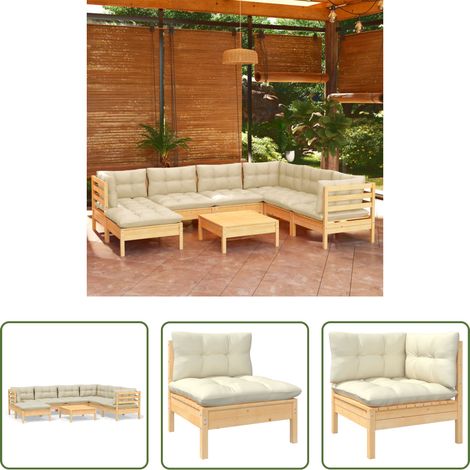 Terrassensofa - 8-tlg. Garten-Lounge-Set mit Creme Kissen Massivholz Kiefer (1/5)