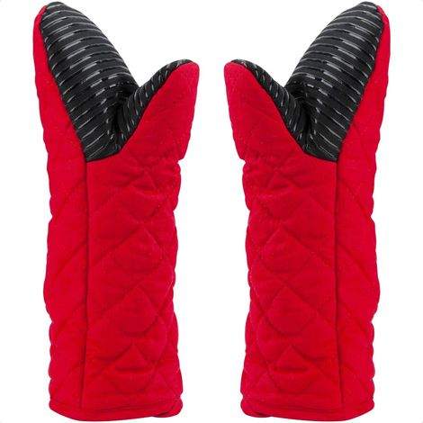 Gant Cuisine Four Maniques Silicone, Long Gant Four Antidérapant Oven Gloves Mitts Doublure en Polyester Coton Lavable pour Cuisine Cuisson (Rouge) (1/4)