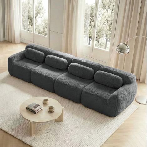 Canapé d'angle modulable en peluche grise, assise en mousse haute résilience, base antidérapante, sans montage, prêt à l'emploi pour le salon – de FLORAGRACE (1/5)