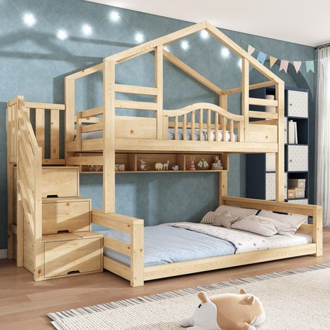 Kinder-Haus-Hochbett 90x200/140x200 mit natürlicher Stauraumtreppe HAVRYA (1/5)