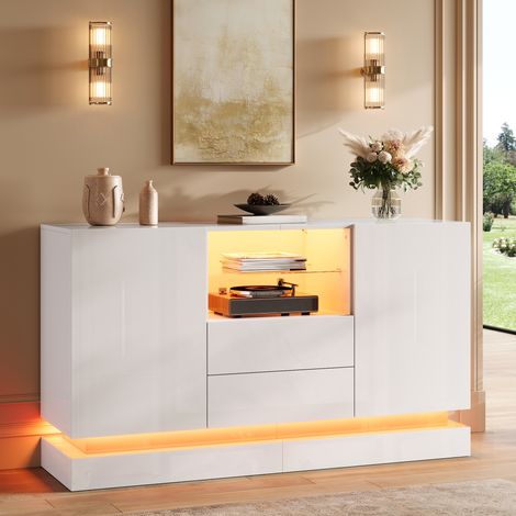 Aparador LED controlable por aplicación con 2 puertas, 2 cajones, 140 cm, blanco (1/5)
