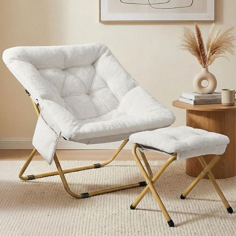 Relax Sessel mit Hocker, Kunstfell, klappbar, Weiß (1/5)