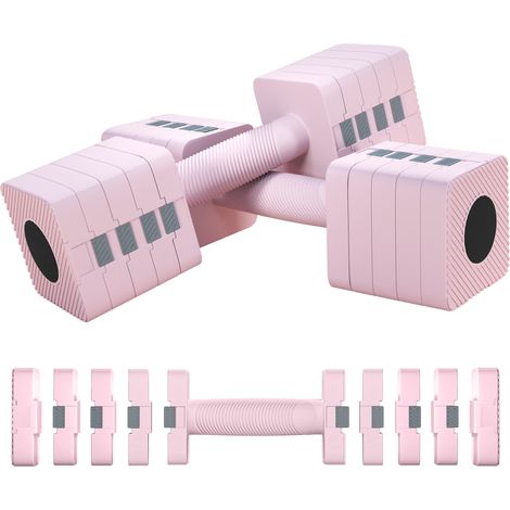 Lot de 2 haltères carrées antidérapantes de 5 kg avec disques amovibles, en acier et ABS, 32 x 9 x 9 cm, rose (1/5)