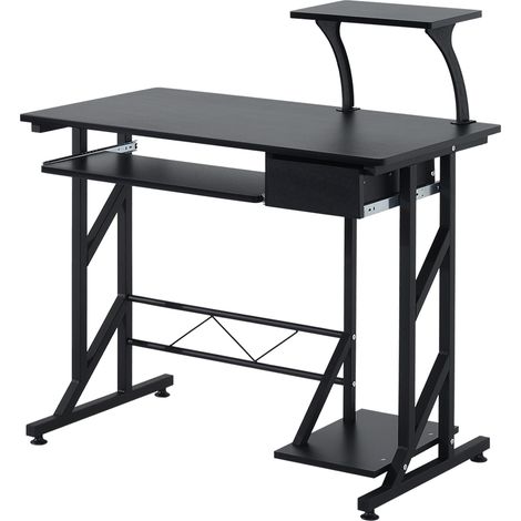 Escritorio para ordenador con soporte para pantalla, cajón deslizante para teclado y estante para caja de host. Estación de trabajo para oficina en casa, color negro.