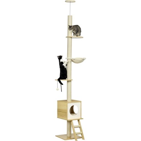 Rascador para gatos de suelo a techo con casita, 2 plataformas y hamaca, 240-260 cm (1/5)
