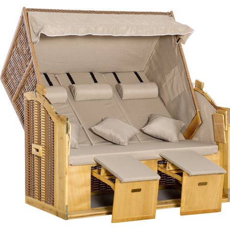 Chaise longue plage auvent 2 tablettes pliantes repose-pieds dossier réglable 5 positions polyrotin XXL finition naturelle 150x79x160 cm