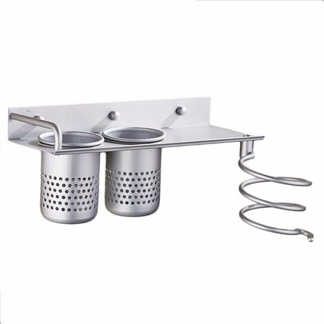 Soporte para secador de pelo, soporte para secador de pelo montado en la pared, soporte para secador de pelo y plancha de pelo con 2 vasos de almacenamiento extraíbles para cepillos de pelo, planchas  (1/5)