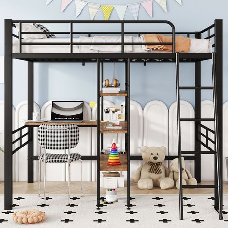 Hochbett 90x200 cm aus Metall Schwarz mit Schreibtisch, Regalen und Leiter, ohne Matratze (1/5)