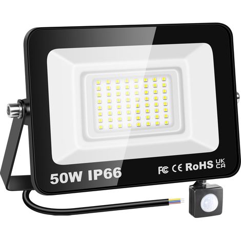 Lampe d'extérieur avec détecteur de mouvement 50W, projecteur LED 5000lm, lumière blanche 6000K, éclairage de sécurité étanche IP66 pour jardin, garage, cour, terrain de sport, patio, porche