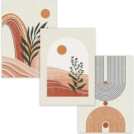 3 Pcs Art Mural Abstrait Botanique Boho, Tableau Décoration Murale Géométrique Végétale, Affiches Murale Vert Sauge et Orange pour Chambre Salon Salle de Bain 15x20 cm Sans Cadre (1/4)