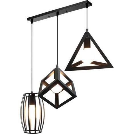 U-do Lustre Métal Suspension Luminaire Industrielle en Barre 3 Lampes Lampe de Plafond Abat-Jour E27 pour Cuisine Chambre (1/4)