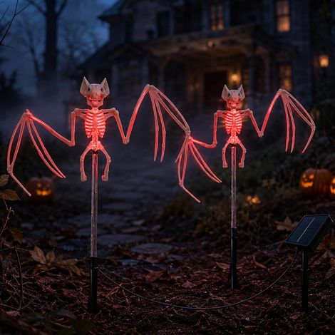 Lampe solaire d'extérieur pour Halloween, lot de 2 lampes solaires décoratives en forme de squelette de chauve-souris pour Halloween (1/5)