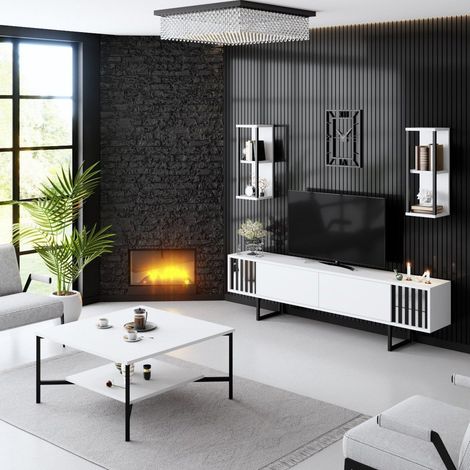 Möbelset Weiß-Schwarz - Chrome Line - Couchtisch + TV-Möbel