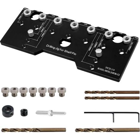 Gabarit de perçage pour goupilles de tablette avec 7 guides de perçage durcis Gabarit de perçage en aluminium de haute qualité 22 10 cm 1/4 pouce 5 mm Gabarit de perçage 32 mm pour travail du bois