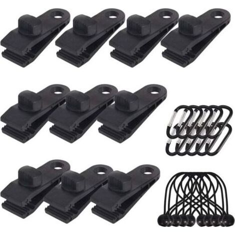 Lot de 10 Clips de bâche support de bâche pour extérieur avec Attache en Toile et Cordon élastique + Mousqueton en Forme de D pour bâches, auvents, Camping, Caravane, couvertures de Voiture (1/4)