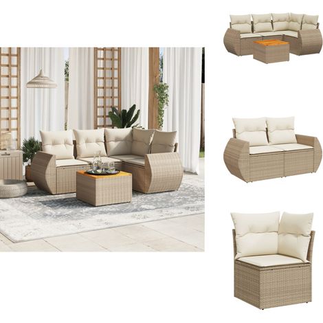 5-tlg. Garten-Sofagarnitur mit Kissen Beige Poly Rattan - Gartenmöbelset - Esszimmergarnitur - Outdoor Möbel - Lounge Set - Rattan Gartenmöbel (1/5)