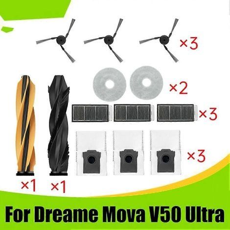 2 pièces de rechange pour aspirateur Dreame Mova V50 Ultra : rouleau principal, brosse latérale, filtre HEPA, chiffon de nettoyage et sac à poussière. (1/5)