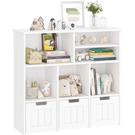 Bibliothèque de rangement enfant avec 3 tiroirs amovibles et 6 casiers – étagère à jouets et livres – multifonction – idéale chambre, salle de jeux, crèche, White