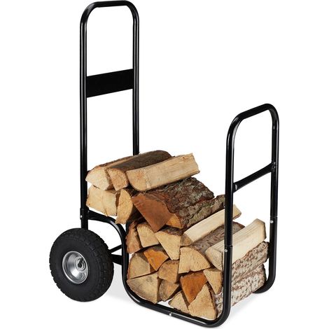 Relaxdays Kaminholzwagen, Brennholzwagen aus Stahl, mit 2 Luftreifen, bis 60 kg, Holztransport & -aufbewahrung, schwarz
