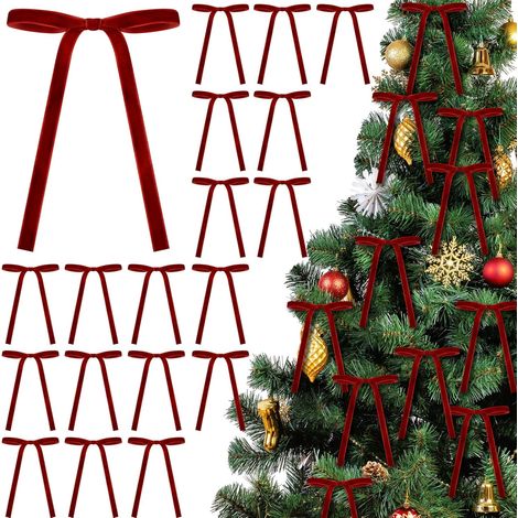 Set mit 24 Samt-Weihnachtsschleifen, 12 x 18 cm, vorgebunden, rustikal, für Weihnachtsbaumschmuck, Vintage-Weihnachtsdekorationen für Girlanden, Kränze, Geschenkboxen, Hochzeitsdekorationen, rot