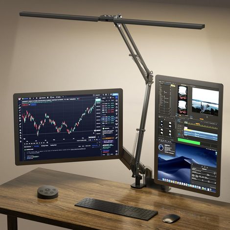 Lampe de Bureau LED, Double Tête et Télécommandée,2400 LM,24W, 5 Modes de Température, Réglage Horaire & Mémorisation, Facile à Installer - Pour Bureau, Lecture -Noir (1/5)