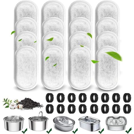 32 Pieces Stainless Steel Cat Water Fountain Filter, 16 Carbon Filters and 16 Pre-filter Sponges, Suitable for 3.2L/2L Stainless Steel Cat Drinkers