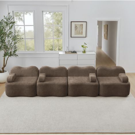 Canapé d’angle modulare in velluto marrone, design ondulato con seduta profonda (1/5)
