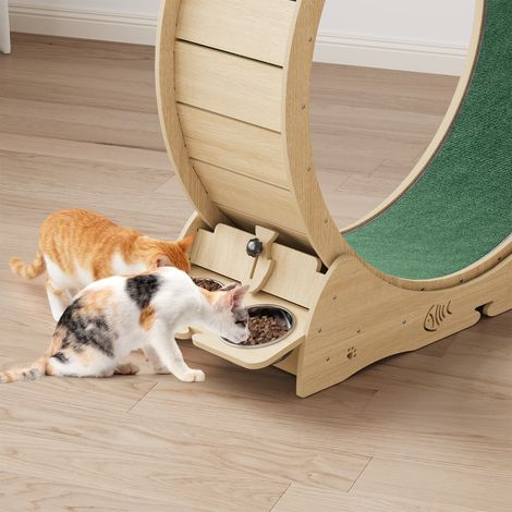 Roue d'exercice 4-en-1 silencieuse pour chats d'intérieur 55" – Tapis antidérapant, griffoir, aire de repos, tour à 3 niveaux – Activité physique, prévention obésité – Bois naturel