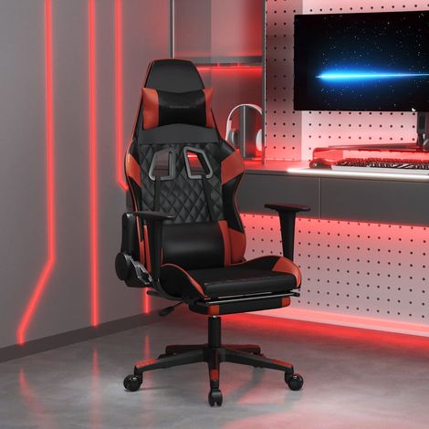 vidaXL Silla gaming masaje reposapiés cuero sintético negro rojo tinto (1/5)